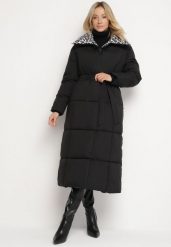 Czarno-Szara Pikowana Kurtka o Długim Kroju z Kołnierzem w Panterkę i Wiązanym Paskiem Silfezi. Czarne kurtki damskie Born2be, na zimę, l, bez wzorów, z jeansu, bez kaptura. Za 179.99 zł.