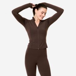 Bluza na zamek damska Domyos fitness. Brązowe bluzy damskie DOMYOS, xl, bez wzorów, z elastanu, bez kaptura. Za 159.99 zł.