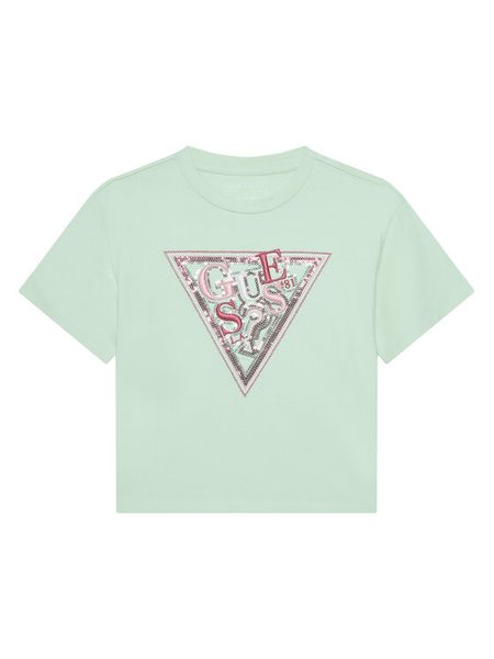Guess T-Shirt J5GI04 K6YW4 Zielony Regular Fit. Zielone koszulki i t-shirty dziewczęce Guess, z aplikacjami, z bawełny, bez kołnierzyka, bez ramiączek. Za 59.99 zł.