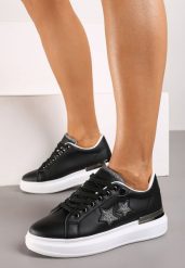 Czarne Płaskie Sneakersy z Gwiazdkami i Metalicznymi Wstawkami Jalelia. Czarne obuwie sportowe casual damskie Born2be, z jeansu, bez zapięcia. Za 89.99 zł.