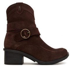 Botki Fly London. Brązowe botki damskie Fly London, bez obcasa, na słupku, bez zapięcia. Za 794.99 zł.