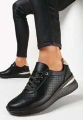 Czarne Skórzane Sneakersy z Perforacją i Metalicznymi Wstawkami Rendia. Czarne obuwie sportowe damskie Born2be, z jeansu, bez zapięcia, trekkingowe. Za 169.99 zł.