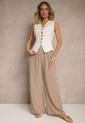 Ciemnobeżowe Szerokie Spodnie High Waist z Wiązaniem w Talii Reivaritta. Brązowe spodnie materiałowe damskie Renee, bez wzorów, z jeansu. Za 39.99 zł.