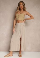Ciemnobeżowa Rozkloszowana Spódnica z Wiskozy z Kieszeniami Galmira. Brązowe spódnice damskie Renee, na co dzień, l, bez wzorów, z materiału, eleganckie, midi. Za 49.99 zł.