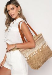 Brązowa Torebka Shopper z Plecionki Wykończona Chwostami Rivantiha. Brązowe shopper bag Born2be, bez wzorów, z bawełny, małe, bez dodatków. Za 74.99 zł.
