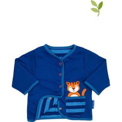 Dwustronny kardigan w kolorze granatowo-niebieskim. Niebieskie bluzy niemowlęce Toby Tiger, z aplikacjami, z bawełny. W wyprzedaży za 107.95 zł.