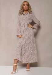 Brązowo-Biała Sukienka Pherone. Białe sukienki damskie Renee, z aplikacjami, z zamszu, eleganckie, bez ramiączek. W wyprzedaży za 75.99 zł.