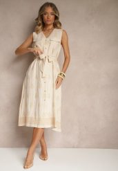 Beżowa Koszulowa Sukienka z Wiskozy Ozdobiona Paskiem i Haftami Aralova. Brązowe sukienki damskie Renee, bez wzorów, z wiskozy, eleganckie, bez ramiączek. W wyprzedaży za 135.99 zł.