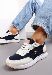 Granatowe Sneakersy z Haftowaną Naszywką i Metaliczną Wstawką Elnara. Niebieskie obuwie sportowe damskie Renee, z jeansu, bez zapięcia. Za 59.99 zł.