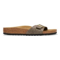 Birkenstock Madrid SYN Gray Taupe Klapki damskie. Szare klapki damskie Birkenstock, bez wzorów, z jeansu, bez obcasa, bez zapięcia. Za 369.99 zł.