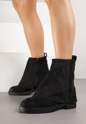 Czarne Botki z Imitacji Zamszu z Wywiniętą Cholewką Rilesea. Czarne botki damskie Born2be, na jesień, z dzianiny, eleganckie, bez obcasa, na płaskiej podeszwie, bez zapięcia. Za 159.99 zł.