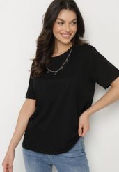 Czarny Bawełniany T-shirt z Odpinanym Łańcuszkiem Imitującym Naszyjnik Mohna. Czarne naszyjniki damskie Born2be, m, z aplikacjami, z bawełny, bez kołnierzyka. Za 34.99 zł.