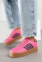Różowo-Granatowe Sneakersy Tenisówki Ozdobione Paskami Naire. Czerwone obuwie sportowe damskie Born2be, z jeansu, bez zapięcia, tenisowe. Za 109.99 zł.