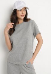 Szary T-shirt z Wiskozą Ozdobiony Cyrkoniami Hirritia. Szare t-shirty damskie Born2be, l, z aplikacjami, z jeansu, bez kołnierzyka. Za 84.99 zł.