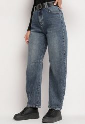 Niebieskie Jeansy z Bawełny o Kroju Boyfriend z Wysokim Stanem i Paskiem Itteria. Niebieskie jeansy damskie Born2be, z podwyższonym stanem. Za 129.99 zł.