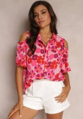 Fuksjowa Koszula Open Shoulder w Kwiatowy Print Veconda. Czerwone koszule damskie Renee, xl, bez wzorów, bez kołnierzyka, bez ramiączek. Za 74.99 zł.