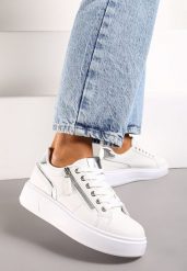 Białe Sneakersy na Platformie Ozdobione Suwakami Halimedia. Białe obuwie sportowe damskie Born2be, z materiału, bez zapięcia. Za 99.99 zł.