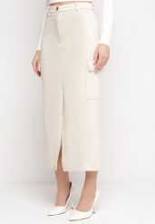 Jasnobeżowa Spódnica Maxi z Rozcięciem i Kopertowymi Kieszeniami Anefil. Brązowe spódnice damskie Born2be, na co dzień, l, bez wzorów, eleganckie, maxi. Za 119.99 zł.
