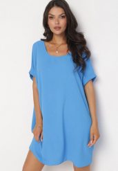 Niebieska Mini Sukienka z Krótkim Rękawem o Fasonie Nietoperza Kharson. Niebieskie sukienki damskie Born2be, bez wzorów, boho, bez ramiączek. Za 79.99 zł.