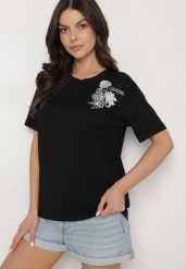 Czarny T-shirt z Bawełny Zdobiony Nadrukiem z Cyrkoniami Telerea. Czarne t-shirty damskie Born2be, l, z aplikacjami, z bawełny, bez kołnierzyka. Za 34.99 zł.