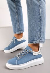Niebieskie Sneakersy ze Wstawką z Brokatem i Cyrkoniami na Grubej Podeszwie Mimivia. Niebieskie obuwie sportowe damskie Renee, bez zapięcia. Za 89.99 zł.