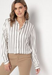 Biało-Czarna Koszula w Delikatne Paski z Podpinanymi Rękawami Berraza. Białe koszule damskie Born2be, l, bez wzorów, z jeansu, eleganckie, bez kołnierzyka, bez ramiączek. Za 59.99 zł.