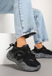 Czarne Sneakersy z Cyrkoniami i Ozdobnym Sznurowaniem Sorvea. Czarne obuwie sportowe damskie Renee, bez zapięcia, trekkingowe. Za 119.99 zł.