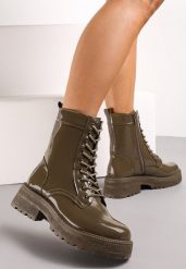 Zielone Botki Workery z Lakierowaną Cholewką Nouria. Zielone botki damskie Renee, z jeansu, eleganckie, bez obcasa, na obcasie, bez zapięcia. Za 79.99 zł.