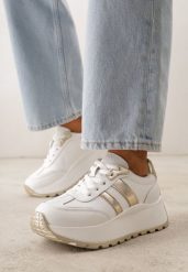 Białe Skórzane Sneakersy na Grubej Podeszwie Cezelina. Białe obuwie sportowe damskie Born2be, z jeansu, bez zapięcia. Za 229.99 zł.