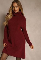 Bordowa Sweterkowa Sukienka Golf z Wełną i Wiskozą Fedorina. Czerwone sukienki damskie Renee, bez wzorów, z wełny, bez ramiączek. Za 179.99 zł.