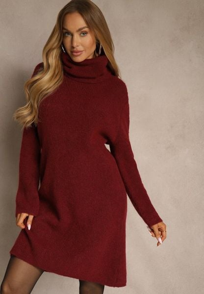 Bordowa Sweterkowa Sukienka Golf z Wełną i Wiskozą Fedorina. Czerwone sukienki damskie Renee, bez wzorów, z wełny, bez ramiączek. Za 179.99 zł.