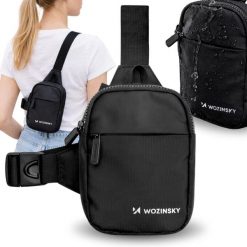 Mini saszetka na ramię Wozinsky wodoodporna dwukomorowa na zamek czarna. Czarne nerki i saszetki damskie WOZINSKY, bez wzorów. Za 49.99 zł.