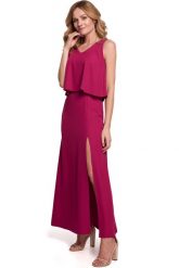 Długa zmysłowa sukienka z falbaną i rozcięciem burgundowa. Czerwone sukienki damskie Sukienki.shop, bez wzorów, eleganckie, bez ramiączek. Za 349.00 zł.