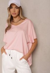 Jasnoróżowy T-shirt z Wiskozą w Stylu Nietoperza Liofala. Czerwone t-shirty damskie Renee, bez wzorów, z jeansu, bez kołnierzyka. Za 49.99 zł.