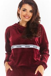 Welurowa Bluza Kangurka Logowaną Taśmą - Bordowa. Czerwone bluzy damskie Awama, l, bez wzorów, z materiału, bez kaptura. Za 201.90 zł.