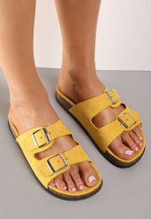 Żółte Klapki Dorinore. Żółte klapki damskie Renee, bez wzorów, bez obcasa, na płaskiej podeszwie, bez zapięcia. Za 59.99 zł.