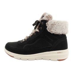 Buty Skechers 144199/BLK czarne. Czarne botki damskie ze skóry ekologicznej, klasyczne, bez obcasa, bez zapięcia. Za 432.01 zł.