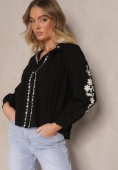 Czarna Koszula z Bawełny z Okrągłym Dekoltem i Haftowanym Zdobieniem Gonadiel. Czarne koszule damskie Renee, l, z aplikacjami, z bawełny, eleganckie, bez kołnierzyka, bez ramiączek. Za 74.99 zł.