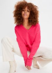 Sweter dzianinowy oversize. Żółte swetry klasyczne damskie bonprix, z dzianiny, bez kołnierzyka. Za 97.99 zł.