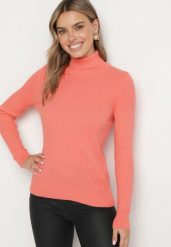 Różowy Golf w Prążki Allelina. Czerwone golfy damskie Born2be, m, bez wzorów, z jeansu, bez ramiączek. Za 74.99 zł.