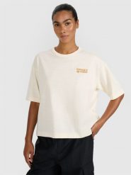 4F T-shirt oversize z nadrukiem damski - beżowy XS. Brązowe t-shirty damskie 4F, xl, bez wzorów, z bawełny, bez kołnierzyka. W wyprzedaży za 39.99 zł.