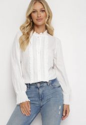 Biała Koszula z Koronką Laurenetta. Białe koszule damskie Born2be, s, bez wzorów, z koronki, bez kołnierzyka, bez ramiączek. Za 84.99 zł.