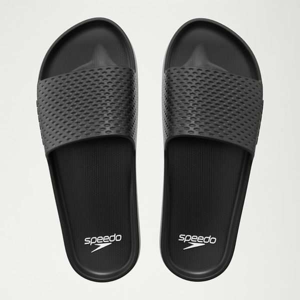 Klapki basenowe antypoślizgowe damskie Speedo Slide Entry. Czarne klapki damskie Speedo, bez wzorów, z materiału, bez obcasa, bez zapięcia. Za 63.99 zł.