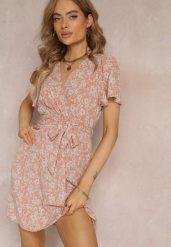Pomarańczowa Sukienka z Kopertowym Dekoltem w Kwiaty z Gumką i Paskiem w Talii Arlettie. Brązowe sukienki damskie Renee, bez wzorów, bez ramiączek. W wyprzedaży za 55.99 zł.