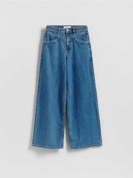 Jeansy wide leg z przeszyciami - niebieski. Niebieskie jeansy damskie Reserved. Za 149.99 zł.