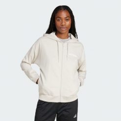 Bluza z kapturem Essentials Linear Full-Zip French Terry. Białe bluzy damskie Adidas, s, bez wzorów, z materiału, z kapturem. Za 239.00 zł.