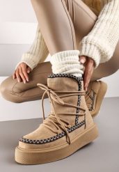 Ciemnobeżowe Śniegowce na Grubej Podeszwie Ozdobione Sznurowaniem Melindria. Brązowe śniegowce damskie Born2be, z jeansu. Za 79.99 zł.