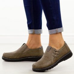 Khaki półbuty damskie Potocki 90353. Brązowe półbuty damskie POTOCKI, na jesień, bez wzorów, z jeansu, z okrągłym noskiem, bez obcasa, na płaskiej podeszwie, bez zapięcia. Za 139.00 zł.