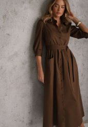 Brązowa Bawełniana Sukienka Koszulowa w Stylu Retro z Wiązanym Paskiem Meresa. Brązowe sukienki damskie Renee, bez wzorów, z bawełny, eleganckie, bez ramiączek. Za 199.99 zł.
