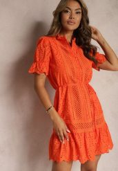 Pomarańczowa Sukienka Boho z Bawełny Ozdobiona Ażurowym Wzorem Falbaną i Przewiązana Paskiem Nelah. Brązowe sukienki damskie Renee, w ażurowe wzory, z bawełny, boho, bez ramiączek. W wyprzedaży za 90.99 zł.